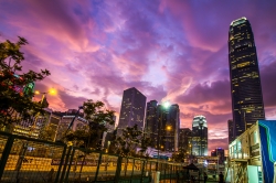 Dramatic purple sky at sunset in downtown Hong Kong during the Formula E event
